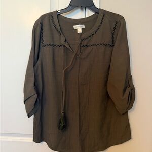 CJ Banks Olive Embroidered Tie-Neck Blouse